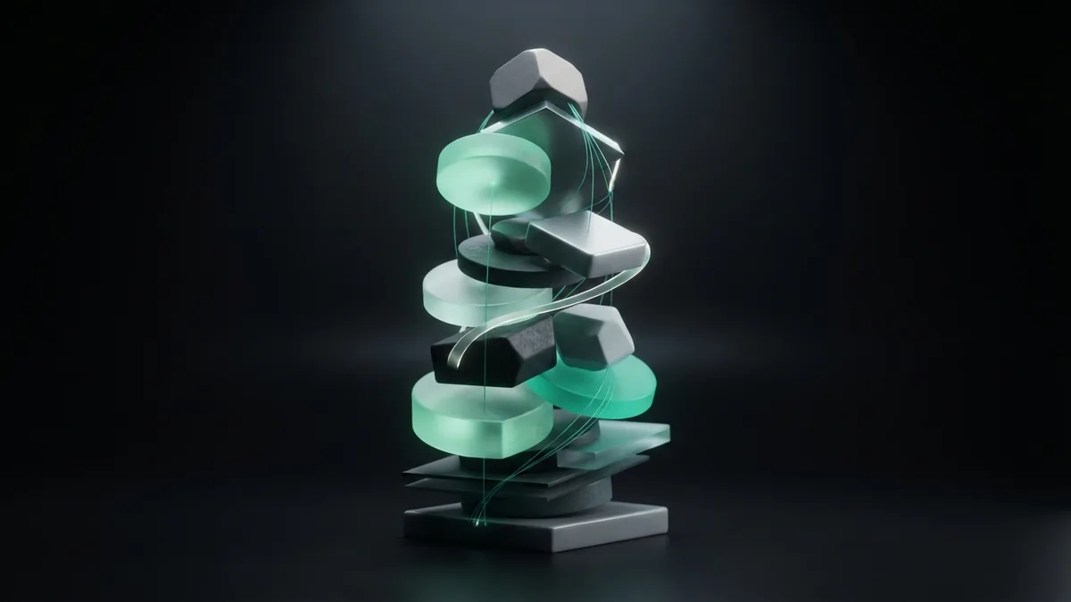 Layered ceramic and glass modules joined by fine threads to suggest a steady SEO plan