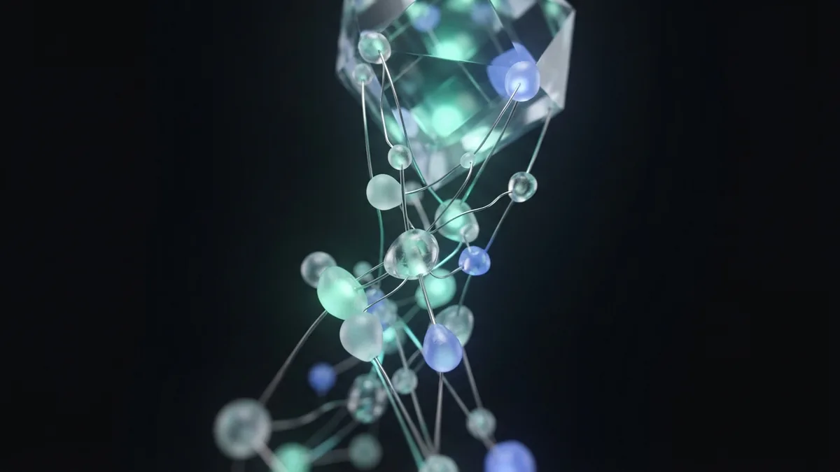 Glass network nodes flowing toward a larger crystal to show link-based authority