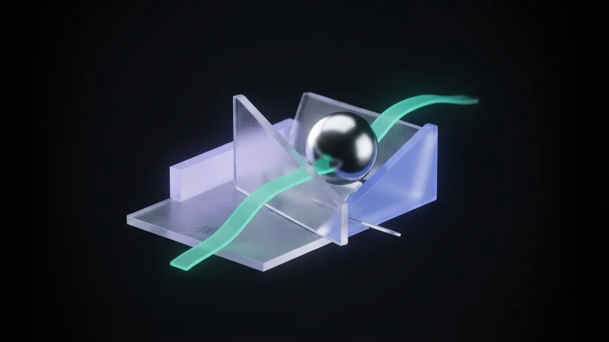 Chrome sphere held by glass forms with a teal light ribbon showing trust and authority