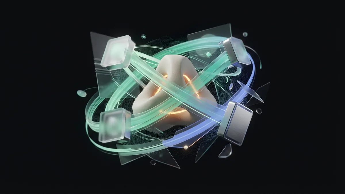 Frosted glass modules joined around a central core by glowing light ribbons