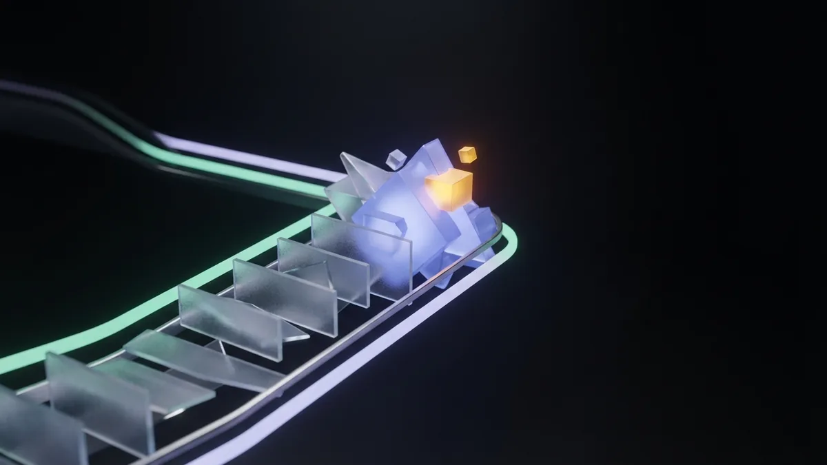 Layered glass path leading toward a glowing geometric choice in a dark studio