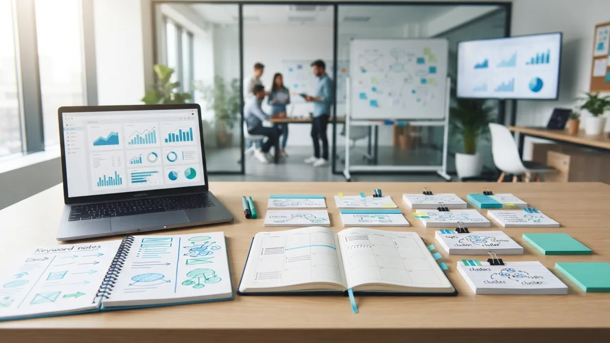 Organized keyword research notes beside a laptop for planning website SEO