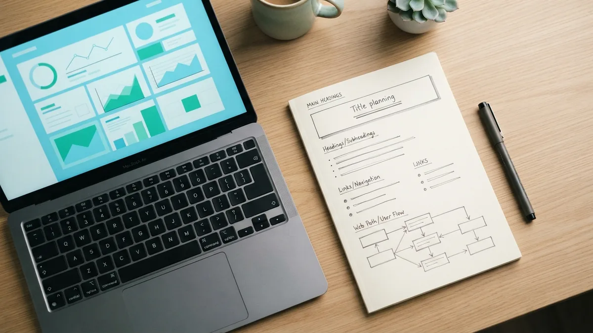 Website page plan beside a laptop showing key on-page SEO elements