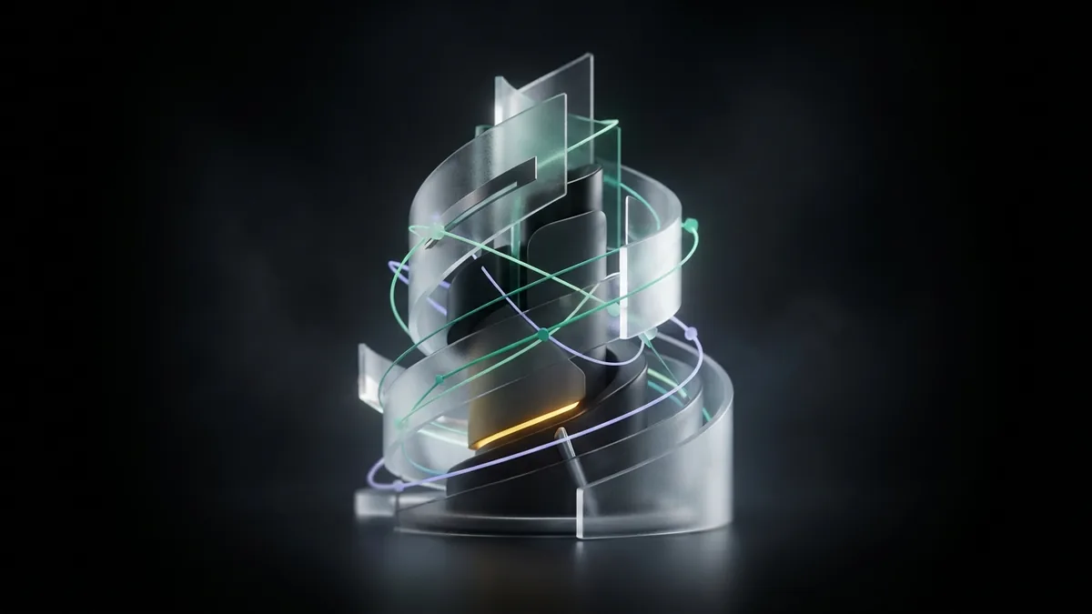 Layered glass planes and light threads representing domain rating calculation factors