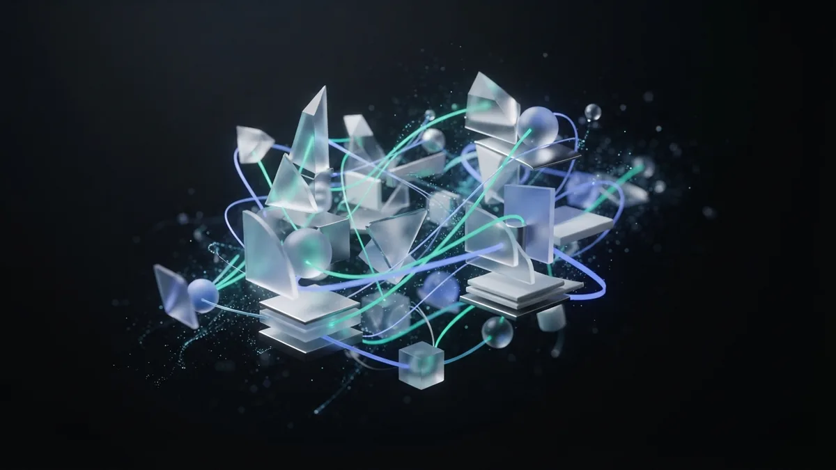 Glass modules linked by fine light threads represent the connected parts of search optimization