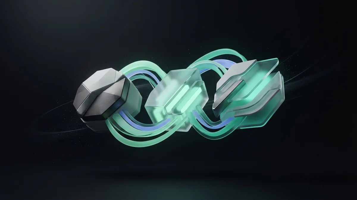 Abstract glass modules linked by teal ribbons, representing different link building tool types