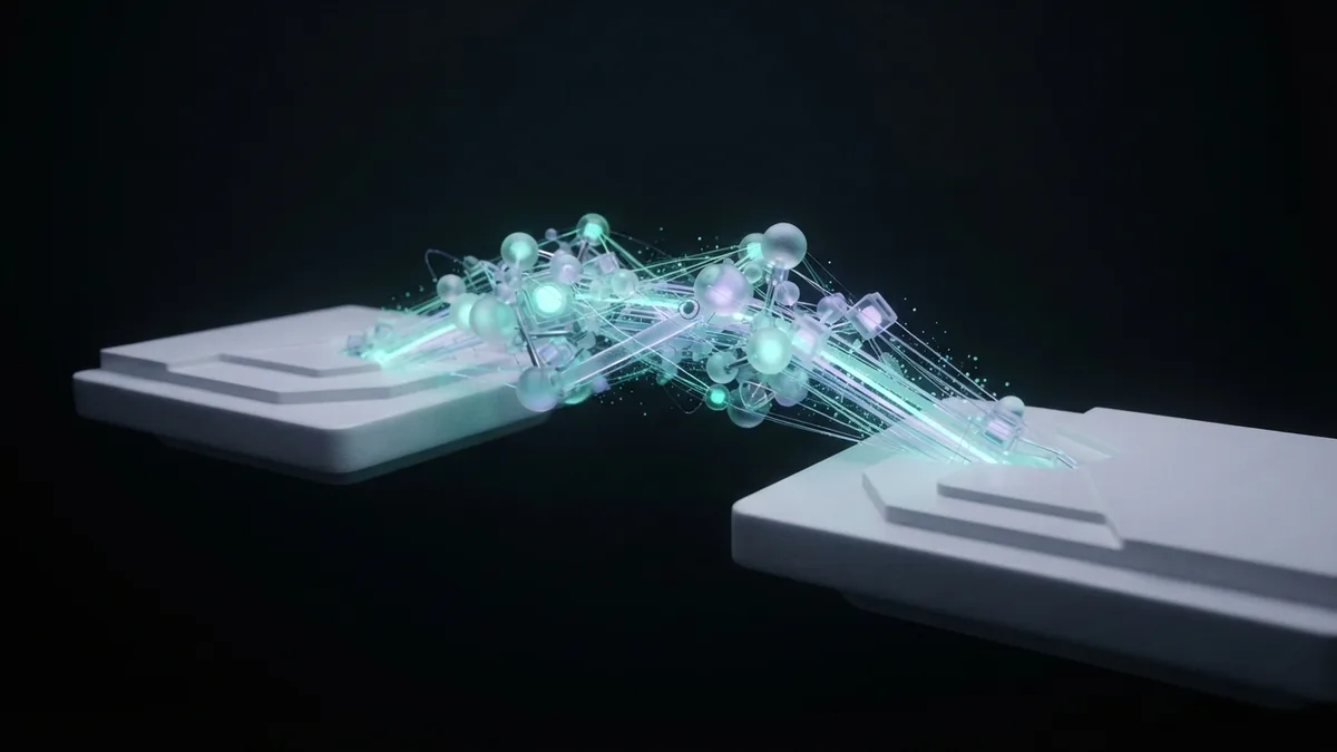 Translucent nodes form a glowing bridge between dark ceramic platforms