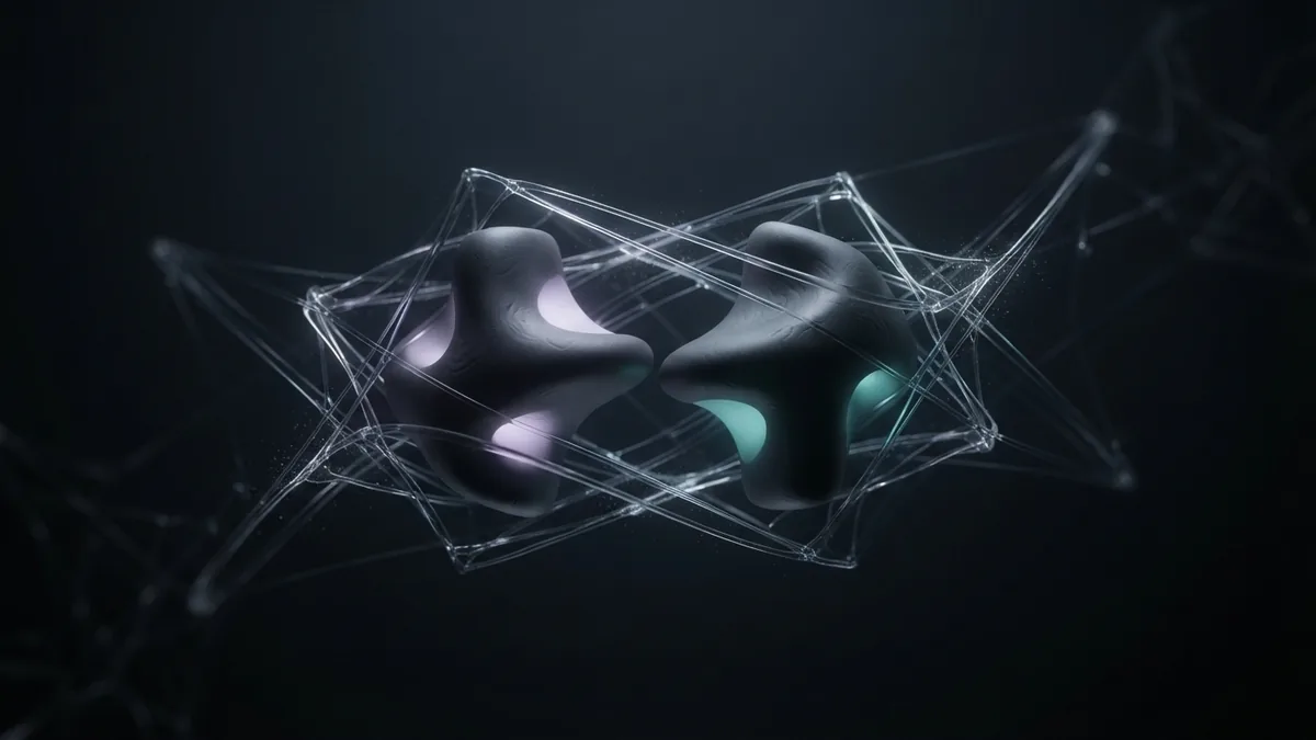 Balanced abstract network of safe links Balanced ceramic forms surrounded by glowing glass connection threads