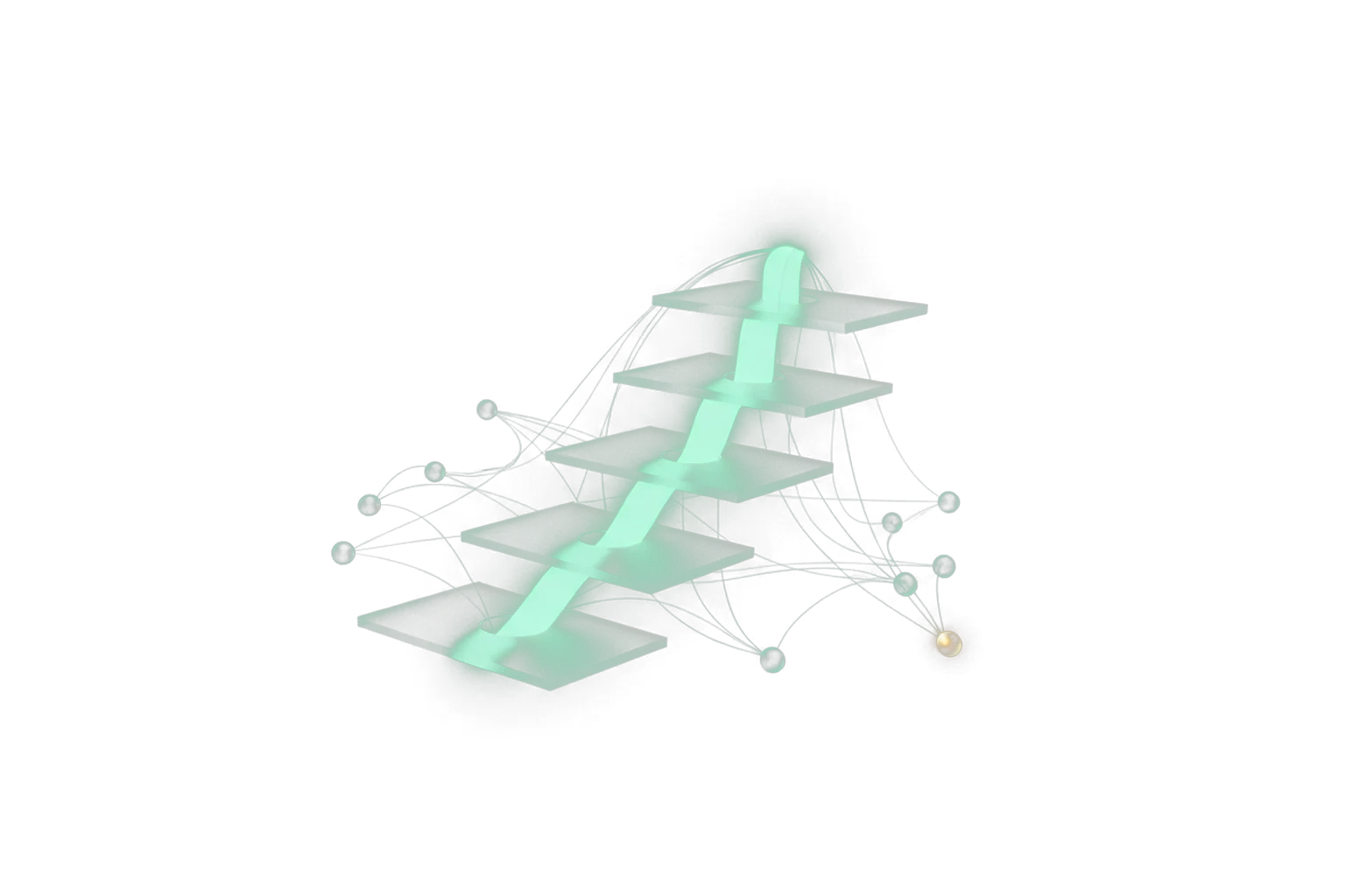 A rising staircase of frosted glass planes threaded by a glowing mint ribbon, surrounded by glass nodes linked with teal threads and one amber node — Organic traffic climbing on Ahrefs behind a backlink network.