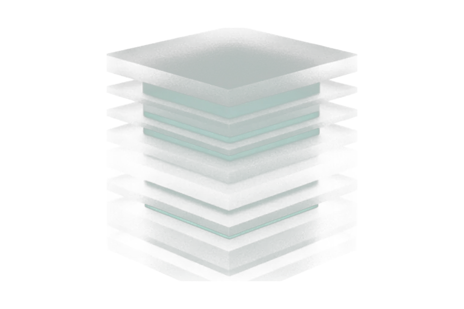 A stack of frosted-glass layered planes with fine ribbons of light streaming in and gathering on it — blog traffic.