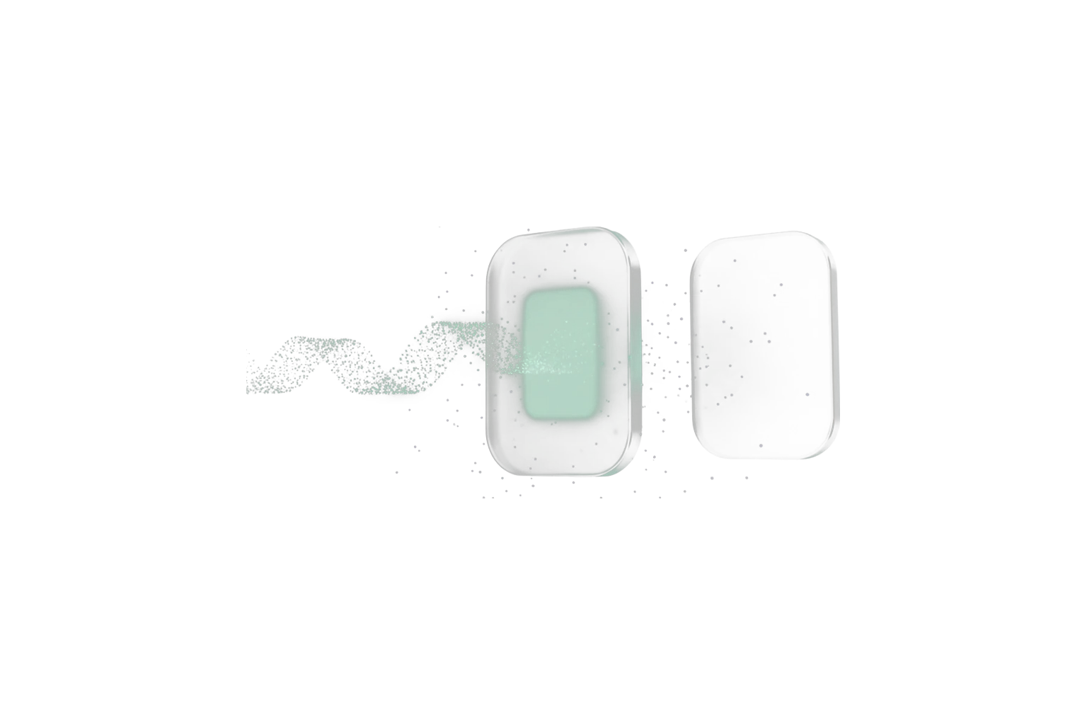 A frosted-glass analytics module lit by a mint stream of real web-traffic particles flowing in, beside a hollow empty shell — genuine visits versus fabricated data.