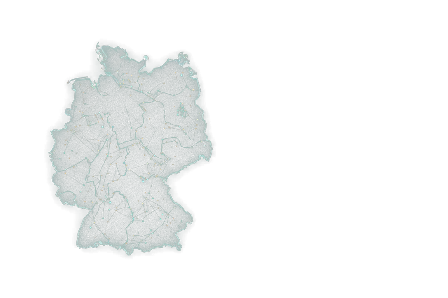 A frosted translucent glass module shaped like the outline of Germany with a teal inner glow and fine light threads — Germany website traffic.