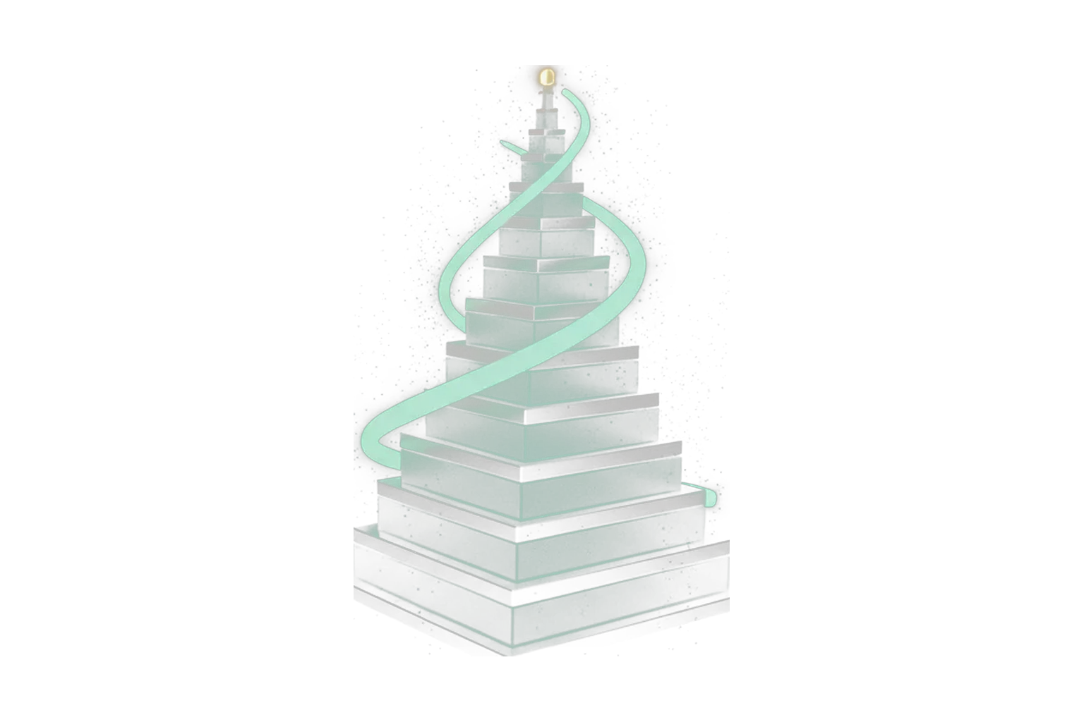 A tall frosted-glass ranking monolith rising through ascending tiers, wrapped by a mint-green light ribbon climbing like a rising traffic curve — improving a Similarweb ranking.