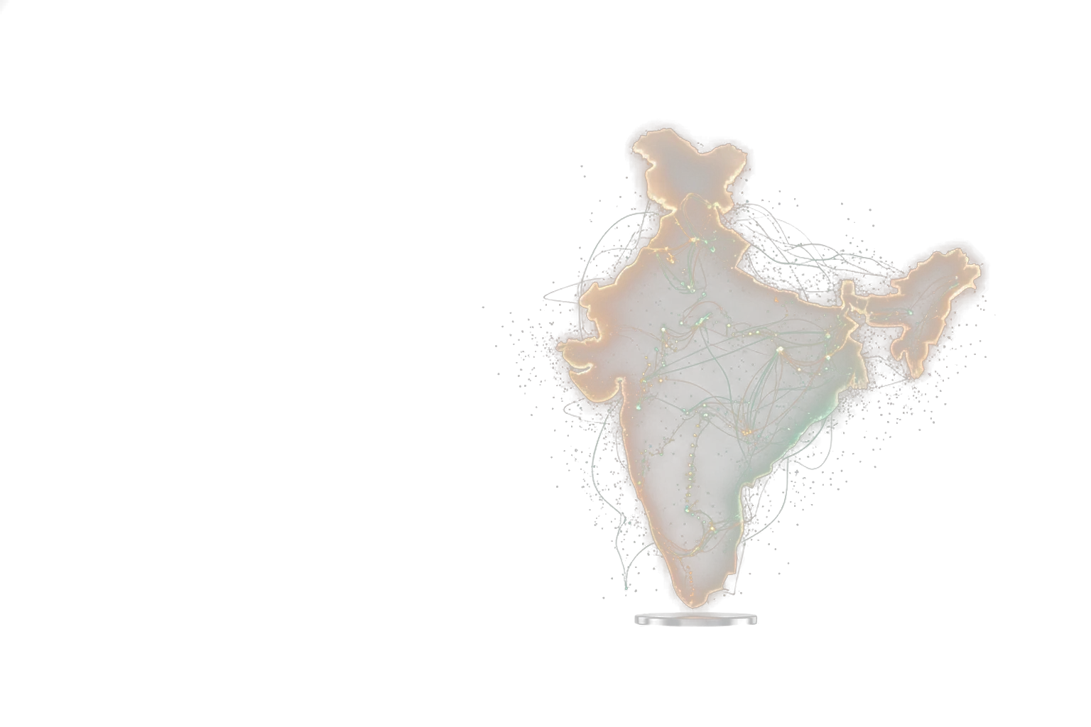 A frosted translucent glass module shaped like the outline of India with a warm amber-and-mint inner glow and fine light threads — India website traffic.