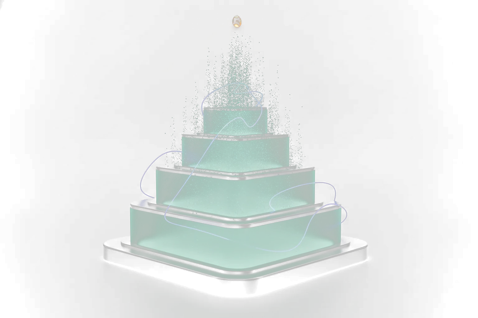 Three frosted-glass tiers of increasing height with a mint inner glow and rising particle field — scalable website traffic packages.