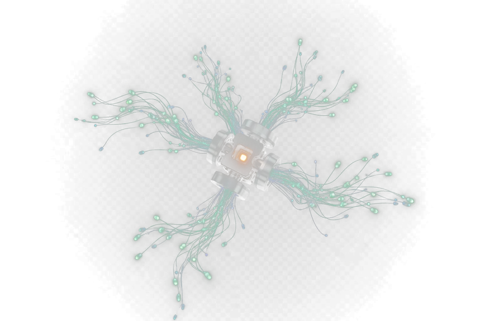 An abstract cluster of glowing frosted-glass nodes and light threads converging into a single brushed-chrome hub — website traffic providers.