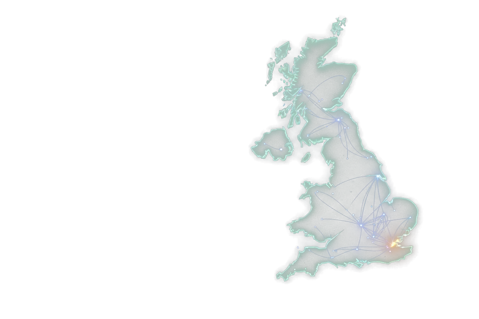 A frosted translucent glass module shaped like the outline of Great Britain with a mint inner glow and fine light threads — UK website traffic.