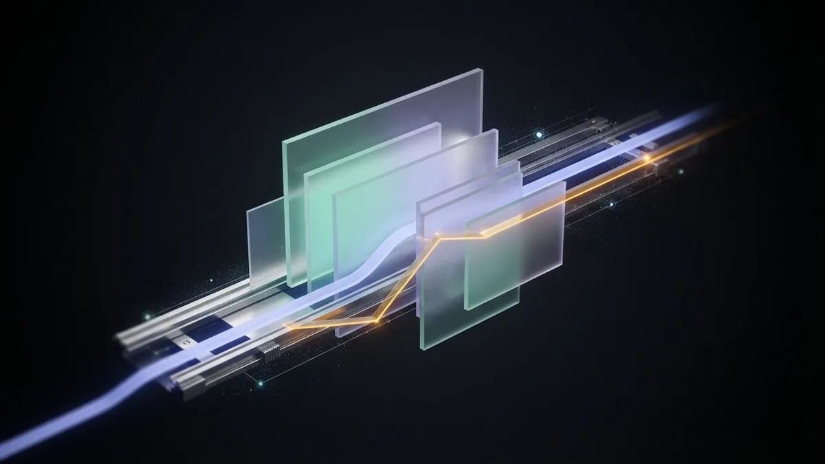 Layered glass planes and chrome paths showing two search visibility routes