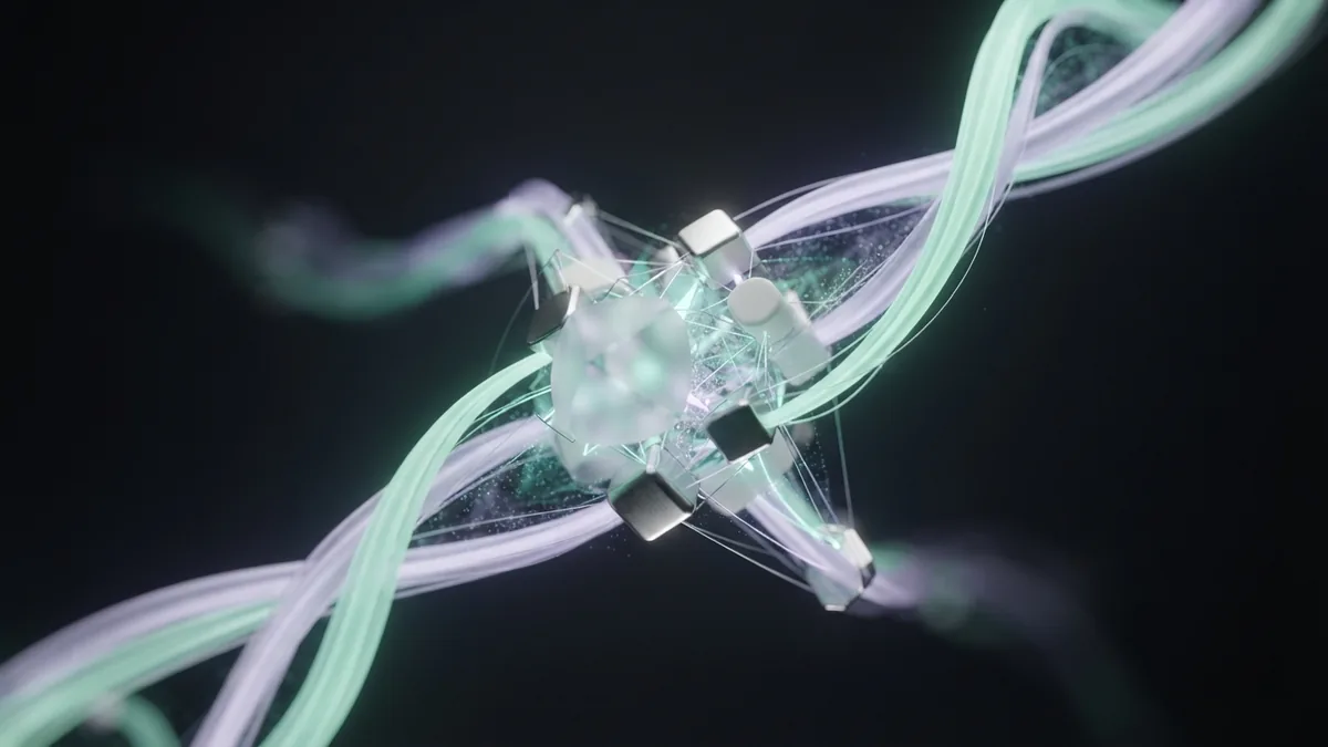 Glowing ribbons merge around glass nodes to show joined search marketing