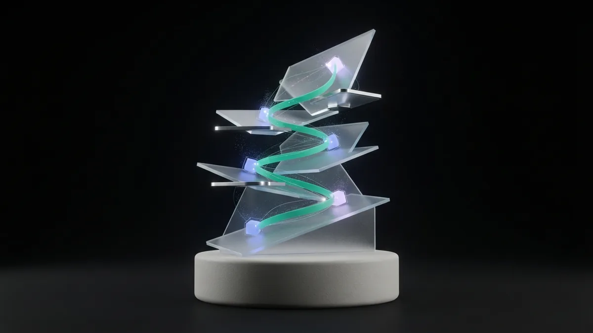 Rising glass planes linked by light nodes to represent branding career growth