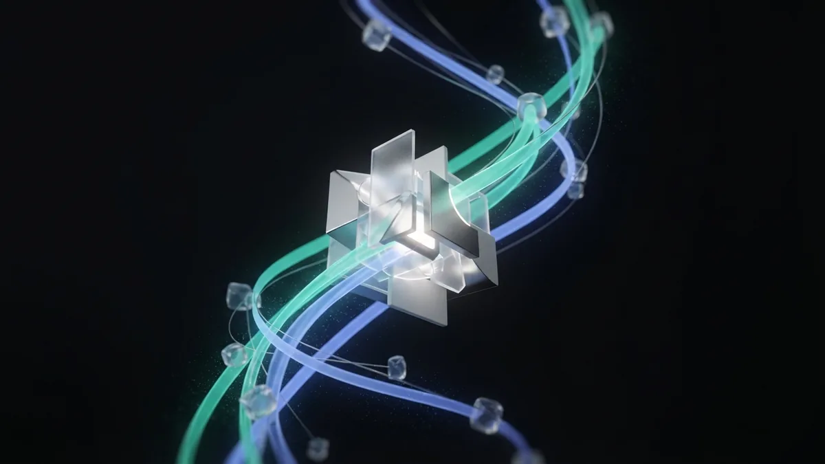 Floating glass nodes and light ribbons showing SEO data and business growth