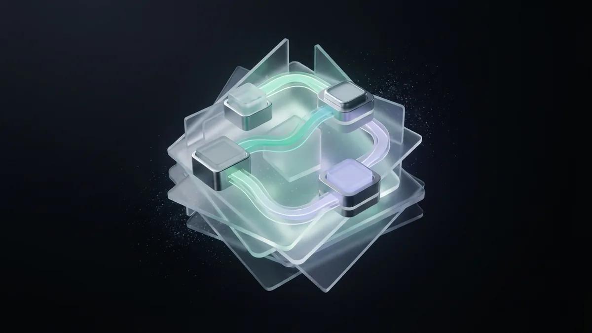 Connected marketing channels Layered glass modules linked by light ribbons representing key digital marketing channels