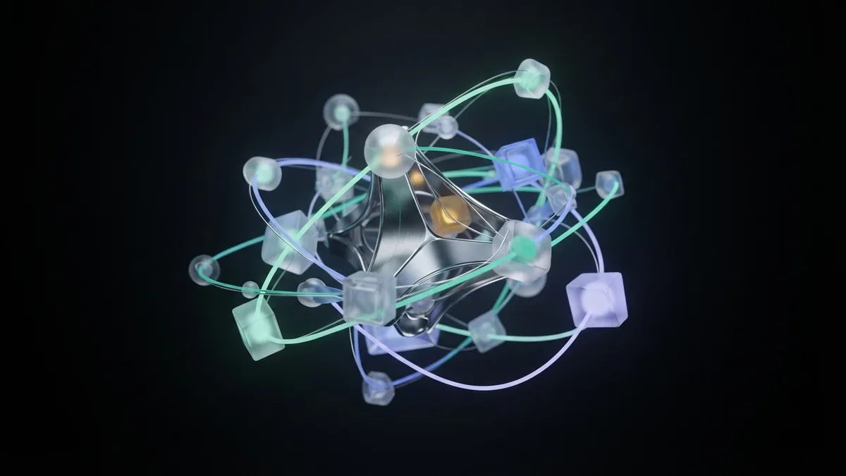 Glass nodes and light ribbons showing search engine crawling and page ranking