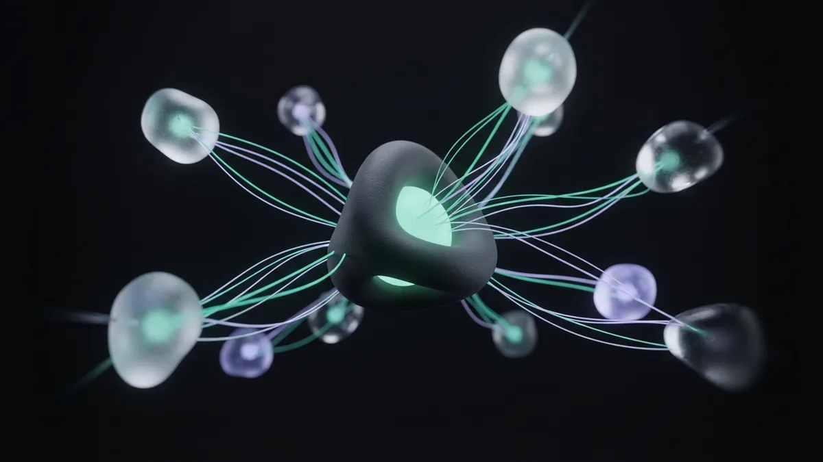 A ceramic core links to glass nodes in an abstract scene of content reaching an audience