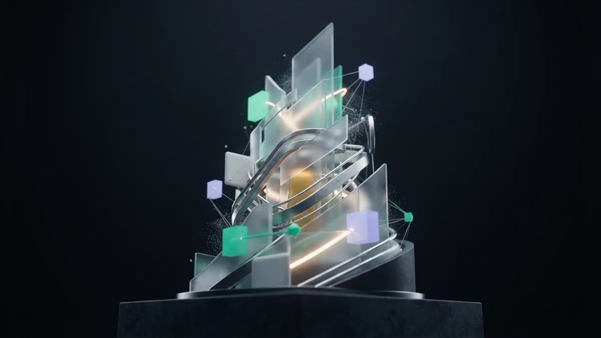 Layered glass and chrome forms suggest steady business growth built on trust