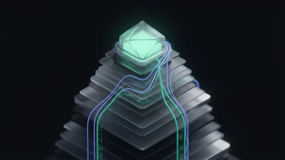 Layered glass forms rising toward a bright module to represent strategic link growth