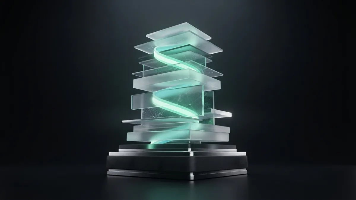 Layered glass planes with a mint light ribbon suggesting website growth
