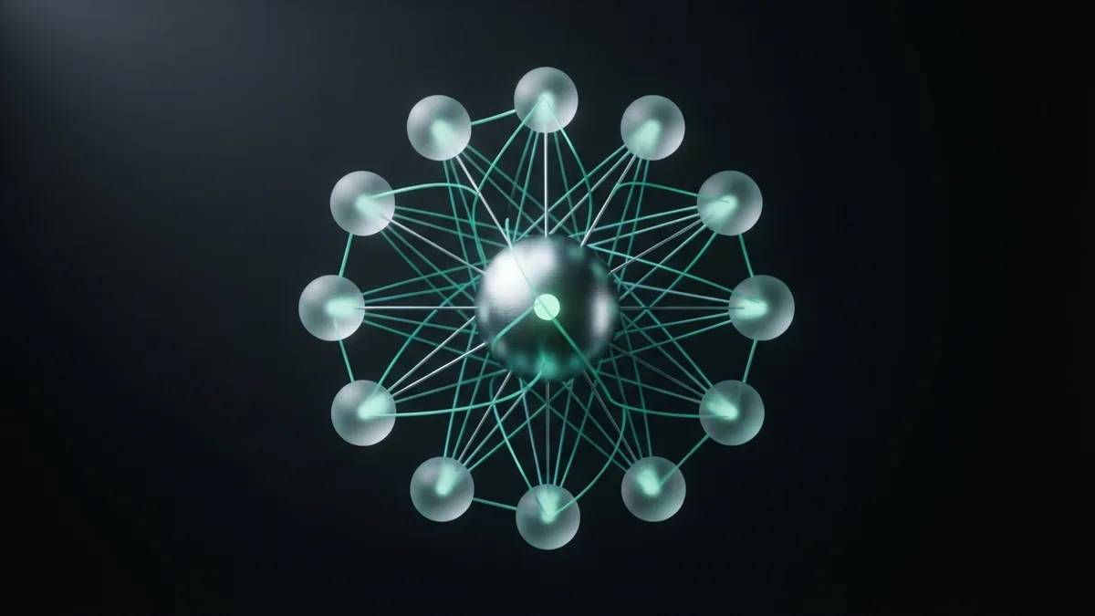 Chrome sphere joined to frosted glass nodes by fine teal network threads