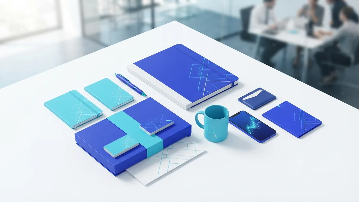 A business brand identity system shown through coordinated colors, shapes, and printed materials