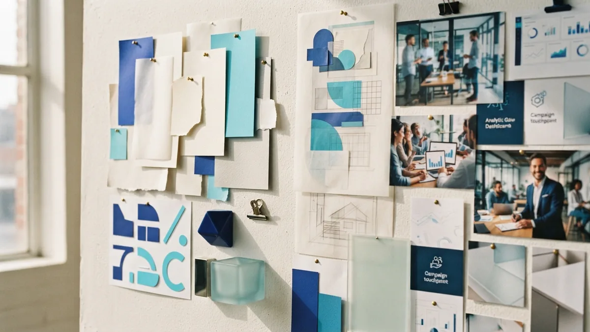 Brand identity mood board with color palettes, textures, layouts, and product styling