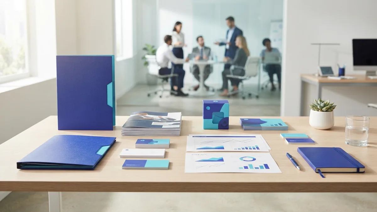 Brand team work represented by organized campaign materials and review charts on a desk