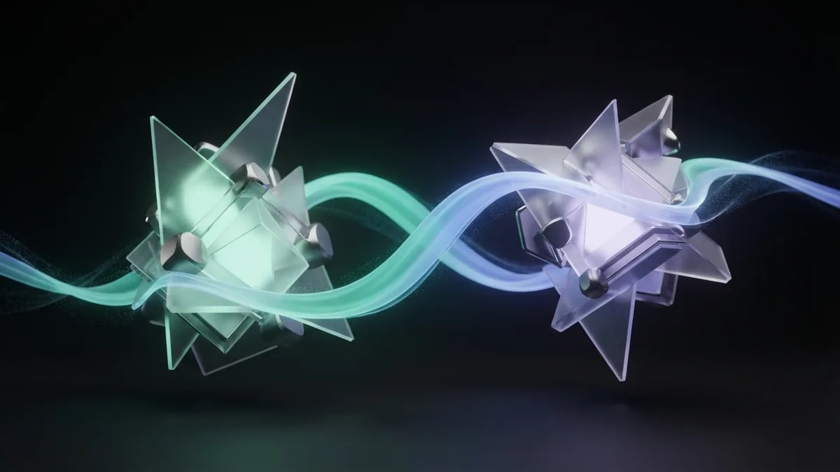 Branding and marketing in sync Connected glass forms represent branding and marketing working toward shared goals