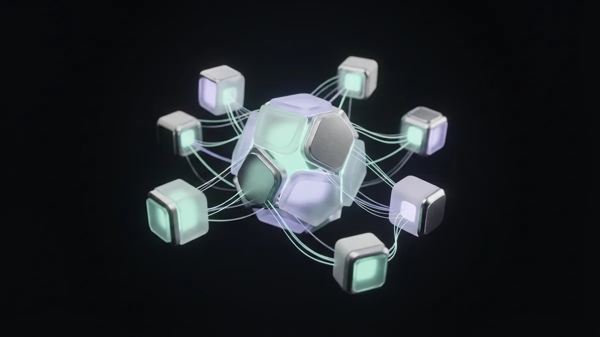 Glass modules joined by light threads to represent unique websites linking to a domain