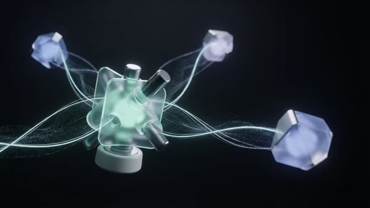 Sharing useful ideas builds trusted links A glowing glass node links to distant forms, symbolizing useful content and professional connections