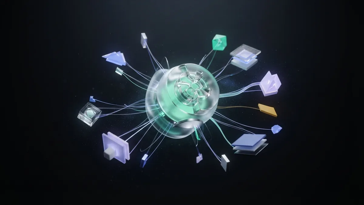 Light threads linking glass forms represent schema properties connecting page facts