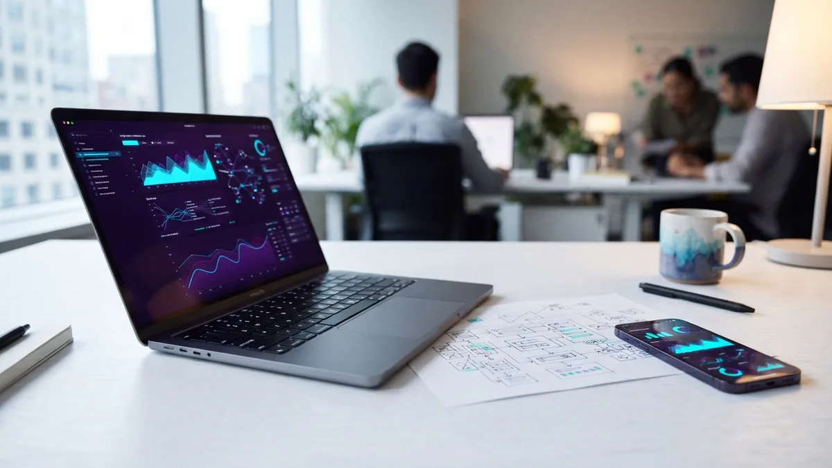 Laptop displaying site health charts beside a sitemap sketch and mobile testing tools
