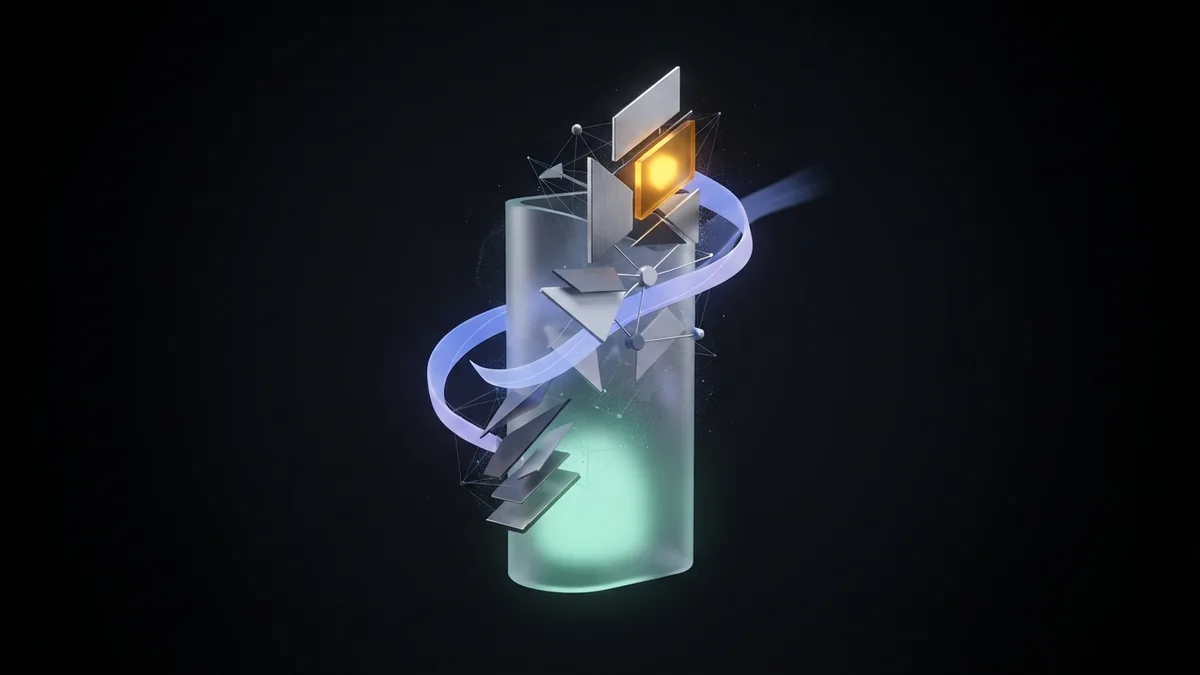 Rising glass modules with mint light representing sustainable website growth