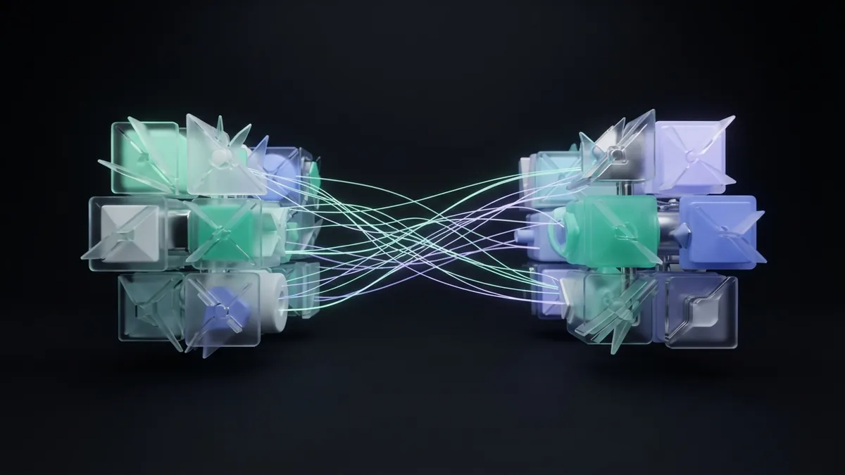 Linked glass modules showing on-page work and trusted external connections