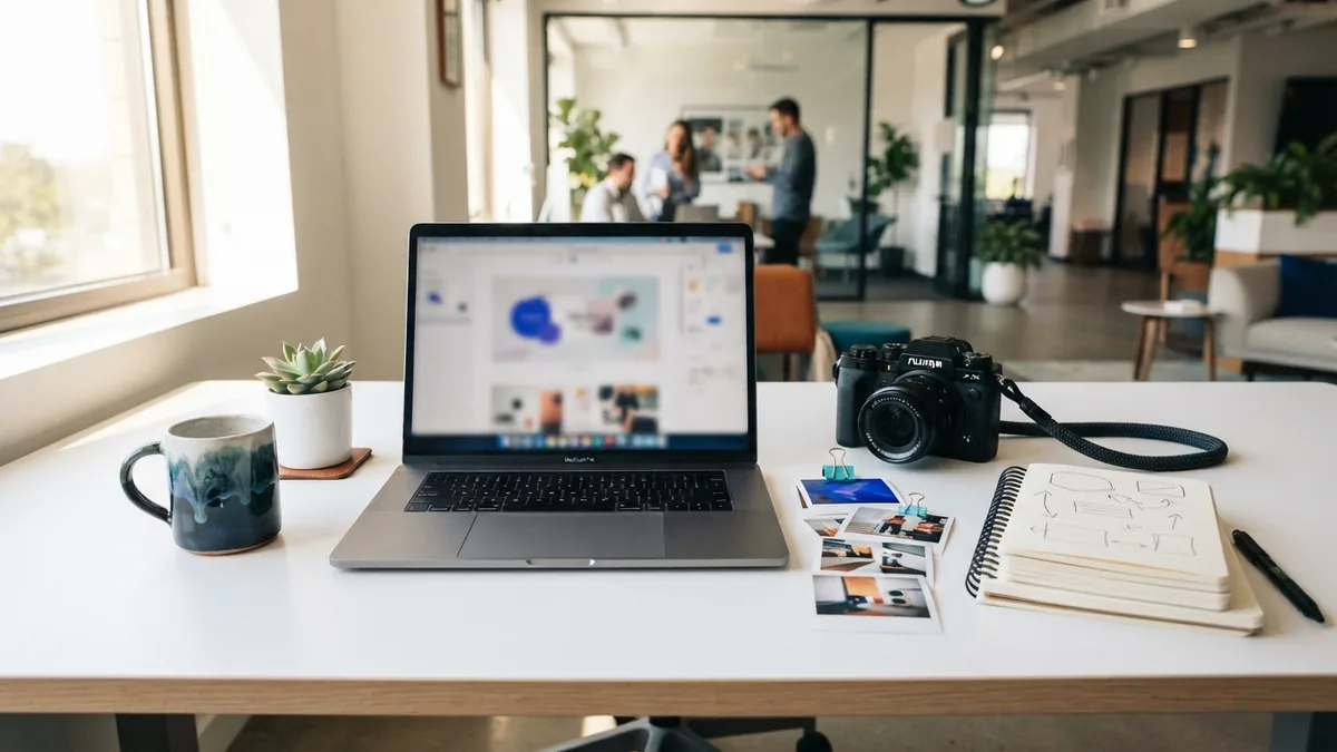 Content planning workspace with article notes, image files, and a mobile device