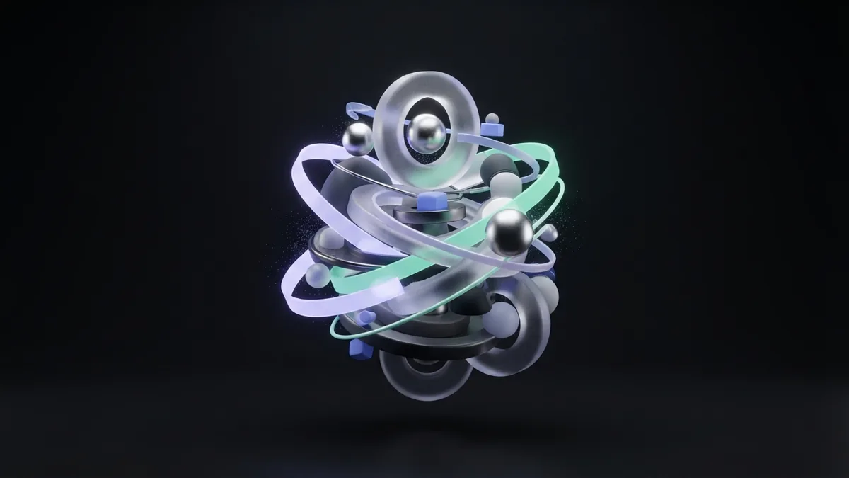 Layered glass rings and chrome forms representing YouTube ranking signals and viewer engagement