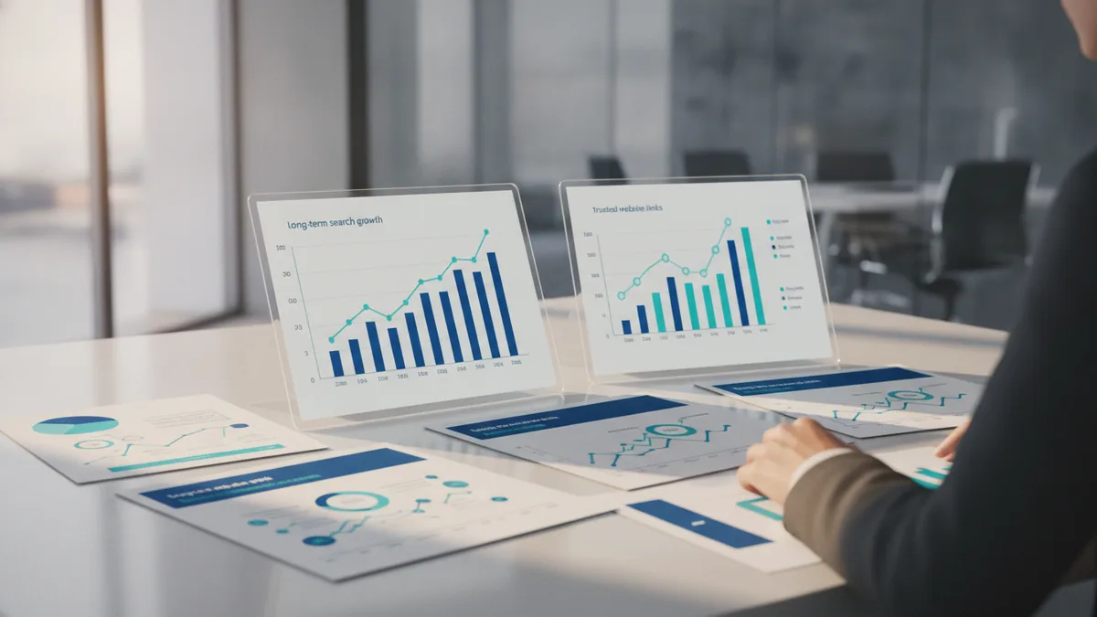 Analyst reviewing trusted website links and long-term search growth on a desk