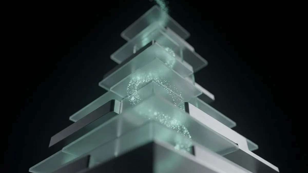 Layered glass planes and flowing light suggest skills gained through structured marketing training