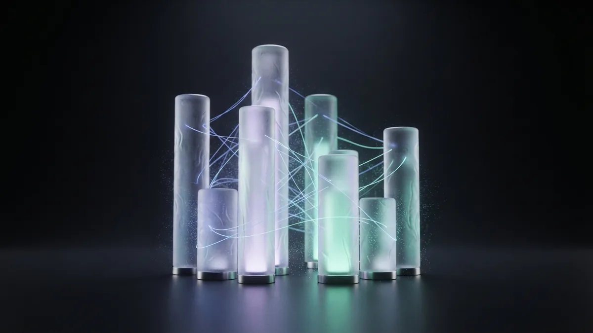 Glass pillars joined by fine light threads represent established digital marketing learning options