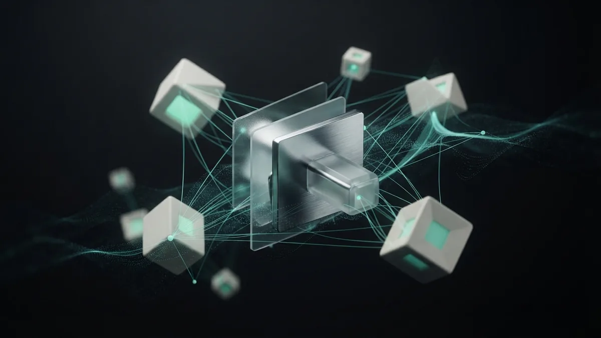 Chrome forms linked by teal threads represent business reach and customer connections