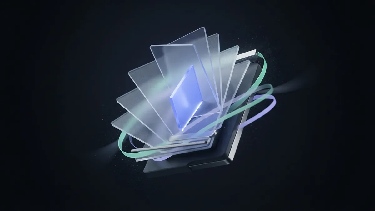Layered glass planes frame a glowing shard as a metaphor for online visibility